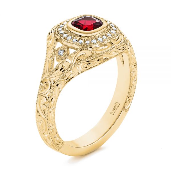 18k Yellow Gold 18k Yellow Gold Hand Engraved Ruby And Diamond Halo Engagement Ring - Three-Quarter View -  105770