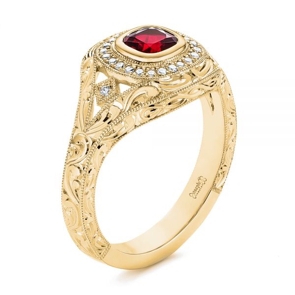 18k Yellow Gold 18k Yellow Gold Hand Engraved Ruby And Diamond Halo Engagement Ring - Three-Quarter View - 105770