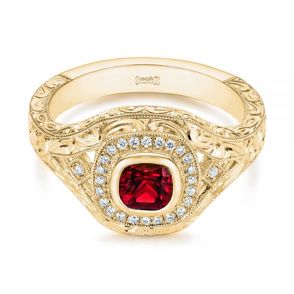 14k Yellow Gold 14k Yellow Gold Hand Engraved Ruby And Diamond Halo Engagement Ring - Flat View -  105770