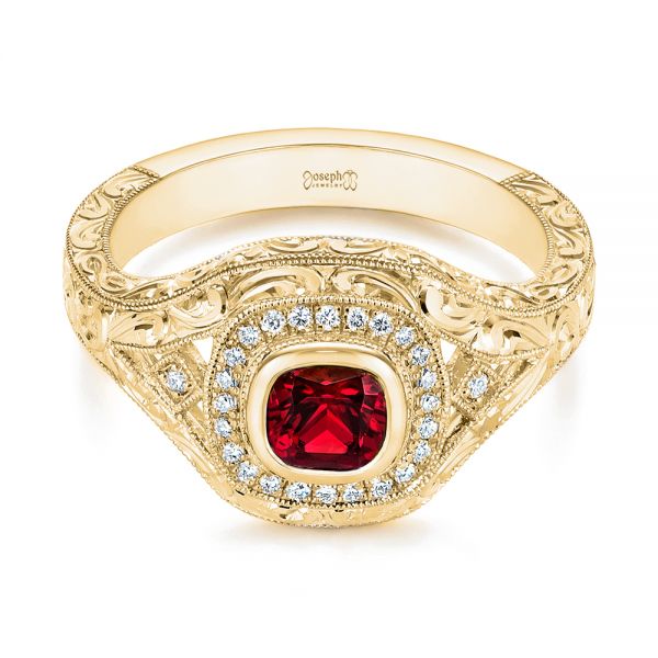 18k Yellow Gold 18k Yellow Gold Hand Engraved Ruby And Diamond Halo Engagement Ring - Flat View - 105770