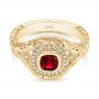 18k Yellow Gold 18k Yellow Gold Hand Engraved Ruby And Diamond Halo Engagement Ring - Flat View -  105770 - Thumbnail