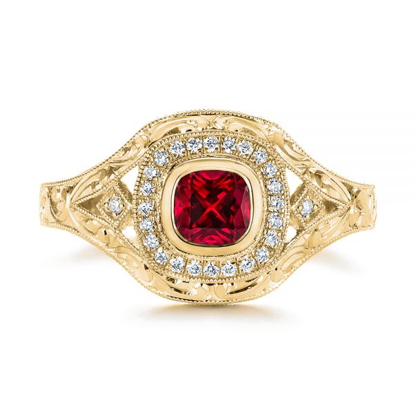 18k Yellow Gold 18k Yellow Gold Hand Engraved Ruby And Diamond Halo Engagement Ring - Top View - 105770