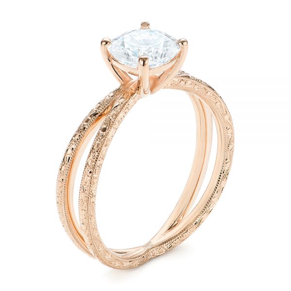 14k Rose Gold 14k Rose Gold Hand Engraved Solitaire Moissanite Engagement Ring - Three-Quarter View - 105107