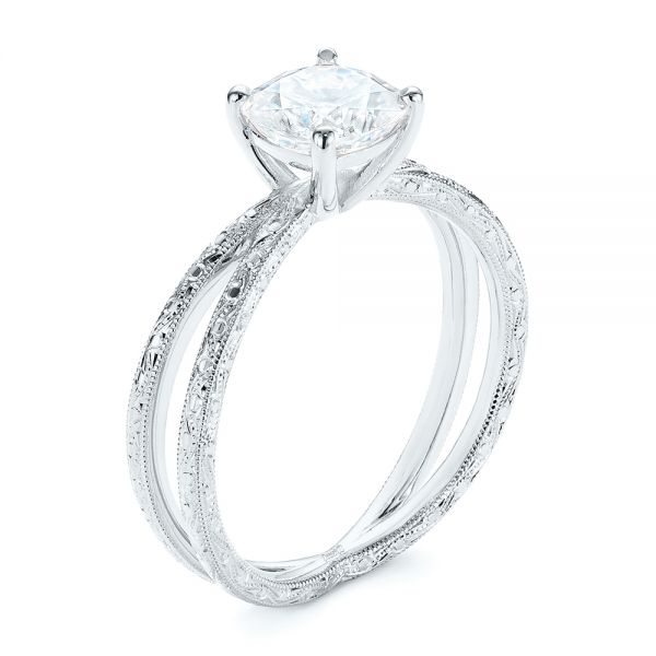 18k White Gold 18k White Gold Hand Engraved Solitaire Moissanite Engagement Ring - Three-Quarter View -  105107