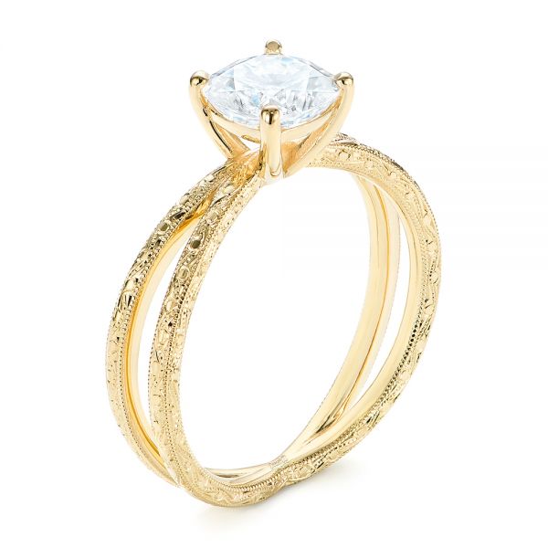 18k Yellow Gold 18k Yellow Gold Hand Engraved Solitaire Moissanite Engagement Ring - Three-Quarter View -  105107