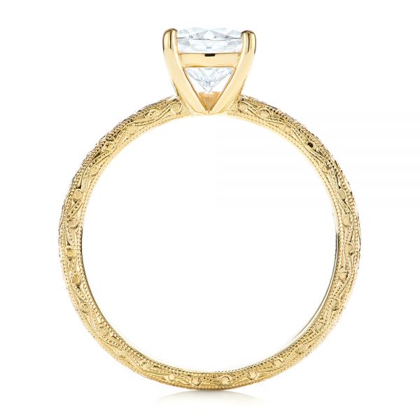 14k Yellow Gold Hand Engraved Solitaire Moissanite Engagement Ring - Front View -  105107