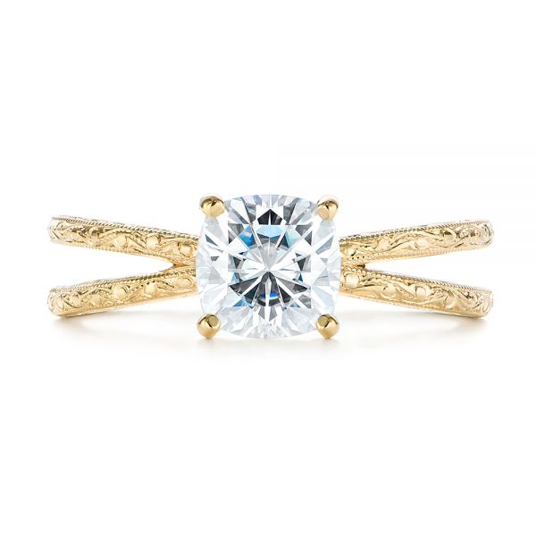 14k Yellow Gold Hand Engraved Solitaire Moissanite Engagement Ring - Top View -  105107