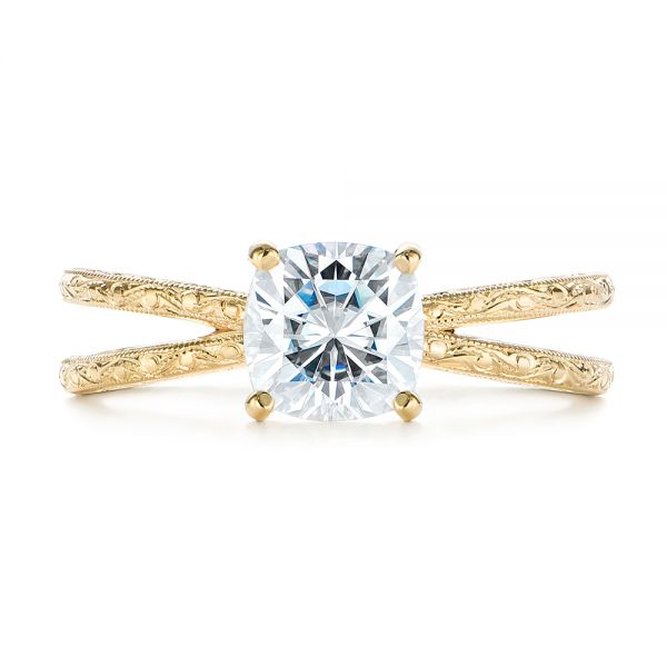 14k Yellow Gold Hand Engraved Solitaire Moissanite Engagement Ring - Top View -  105107