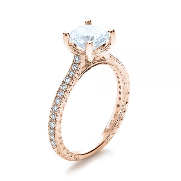 18k Rose Gold 18k Rose Gold Hand Engraved And Diamond Enagagement Ring - Three-Quarter View -  1241