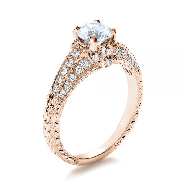 18k Rose Gold 18k Rose Gold Hand Engraved And Diamond Enagagement Ring - Three-Quarter View -  1264
