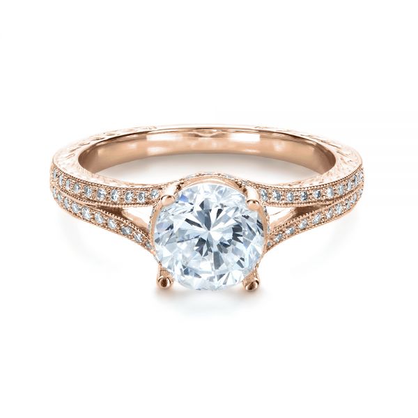 18k Rose Gold 18k Rose Gold Hand Engraved And Diamond Enagagement Ring - Flat View -  1240