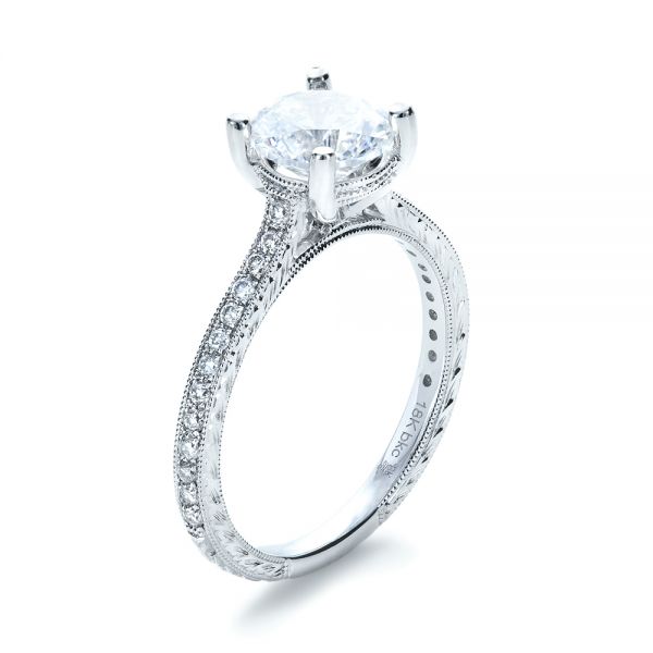 Platinum Platinum Hand Engraved And Diamond Enagagement Ring - Three-Quarter View - 1241