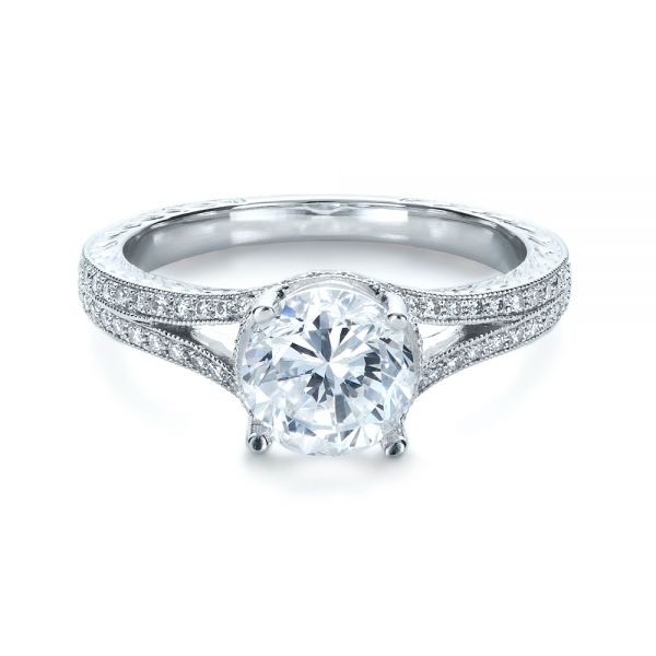 18k White Gold Hand Engraved And Diamond Enagagement Ring - Flat View - 1240