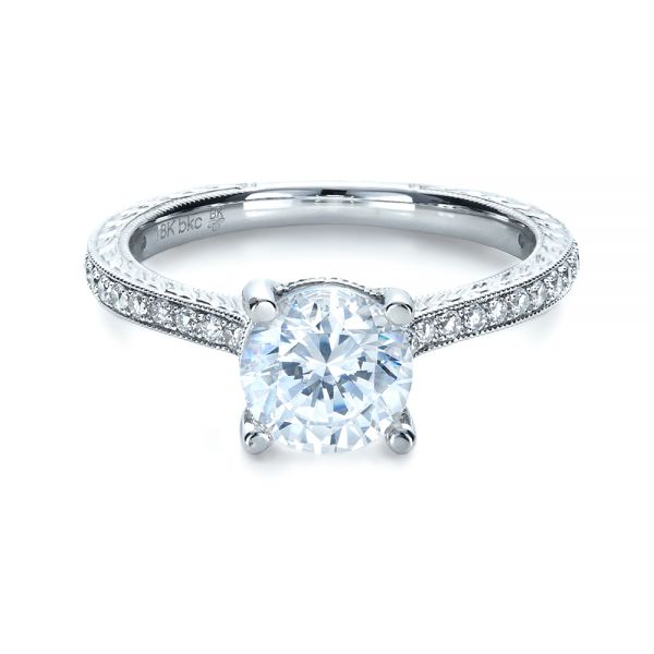 Platinum Platinum Hand Engraved And Diamond Enagagement Ring - Flat View - 1241