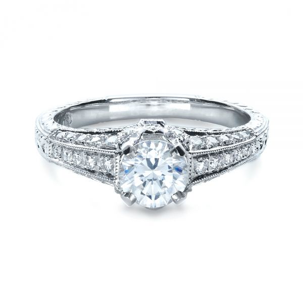 18k White Gold Hand Engraved And Diamond Enagagement Ring - Flat View - 1264