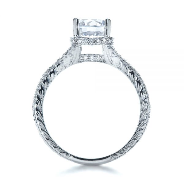 18k White Gold Hand Engraved And Diamond Enagagement Ring - Front View - 1240