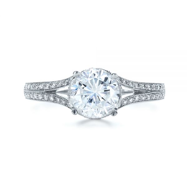18k White Gold Hand Engraved And Diamond Enagagement Ring - Top View - 1240