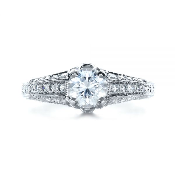 18k White Gold Hand Engraved And Diamond Enagagement Ring - Top View - 1264