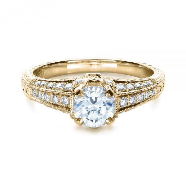 14k Yellow Gold 14k Yellow Gold Hand Engraved And Diamond Enagagement Ring - Flat View - 1264