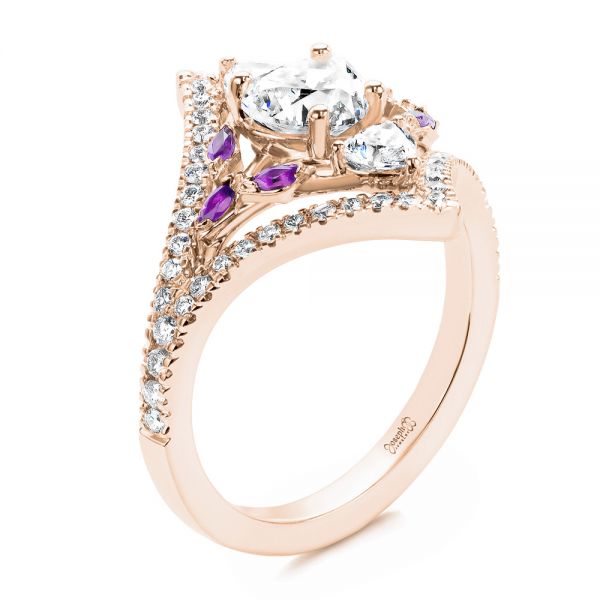 18k Rose Gold 18k Rose Gold Heart Shaped Diamond And Amethyst Engagement Ring - Three-Quarter View -  107269