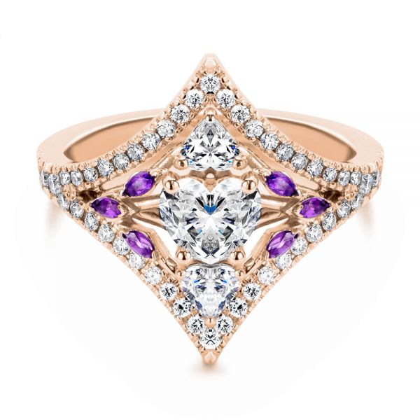18k Rose Gold 18k Rose Gold Heart Shaped Diamond And Amethyst Engagement Ring - Flat View -  107269 - Thumbnail