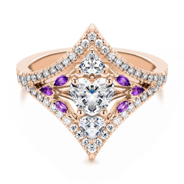 14k Rose Gold 14k Rose Gold Heart Shaped Diamond And Amethyst Engagement Ring - Flat View - 107269