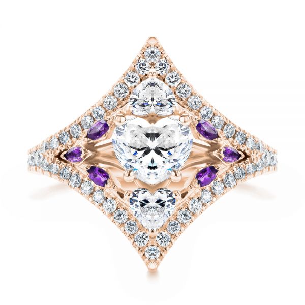 18k Rose Gold 18k Rose Gold Heart Shaped Diamond And Amethyst Engagement Ring - Top View -  107269 - Thumbnail