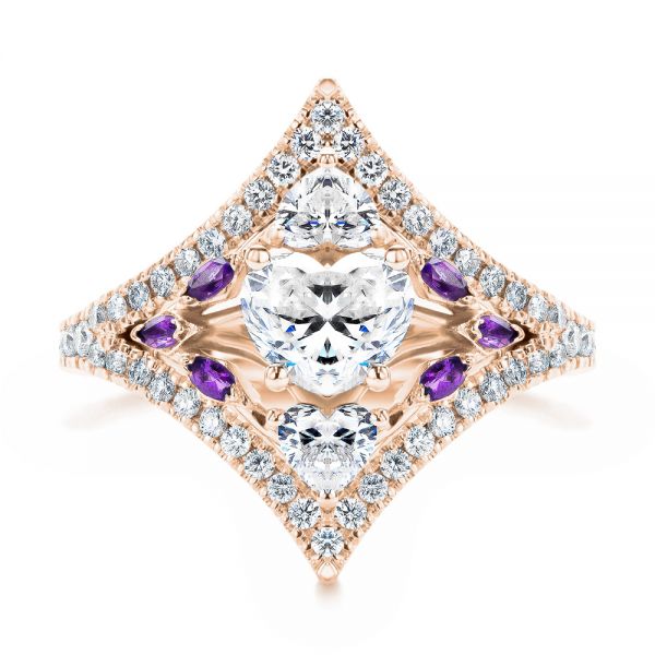14k Rose Gold 14k Rose Gold Heart Shaped Diamond And Amethyst Engagement Ring - Top View - 107269
