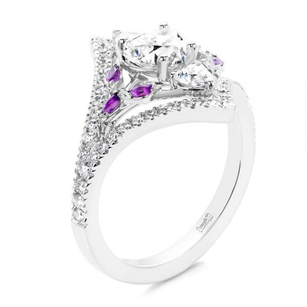 14k White Gold Heart Shaped Diamond And Amethyst Engagement Ring - Three-Quarter View -  107269