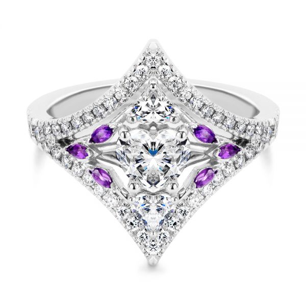 14k White Gold Heart Shaped Diamond And Amethyst Engagement Ring - Flat View - 107269