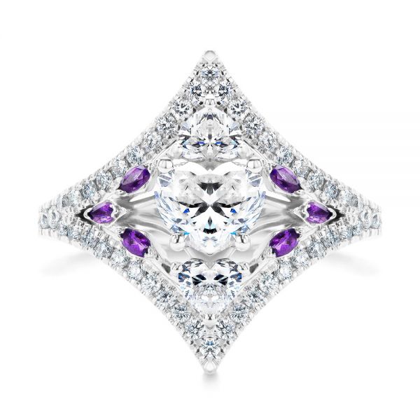 14k White Gold Heart Shaped Diamond And Amethyst Engagement Ring - Top View -  107269 - Thumbnail