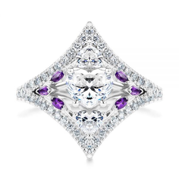 14k White Gold Heart Shaped Diamond And Amethyst Engagement Ring - Top View - 107269