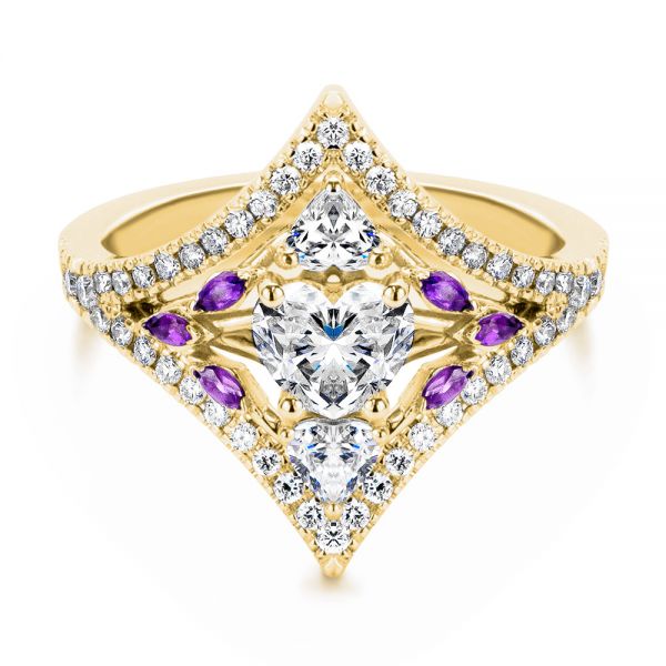 18k Yellow Gold 18k Yellow Gold Heart Shaped Diamond And Amethyst Engagement Ring - Flat View -  107269 - Thumbnail