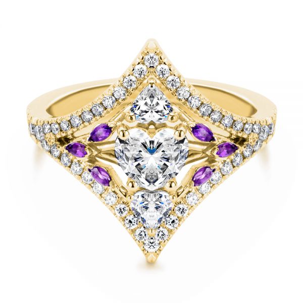 18k Yellow Gold 18k Yellow Gold Heart Shaped Diamond And Amethyst Engagement Ring - Flat View -  107269 - Thumbnail