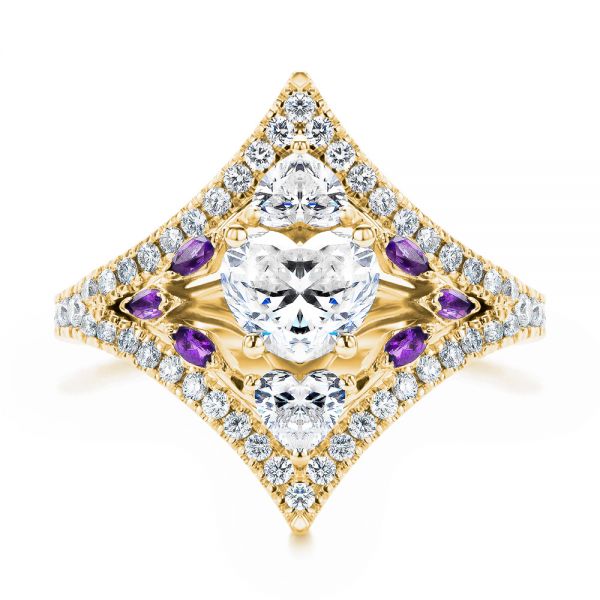 18k Yellow Gold 18k Yellow Gold Heart Shaped Diamond And Amethyst Engagement Ring - Top View -  107269