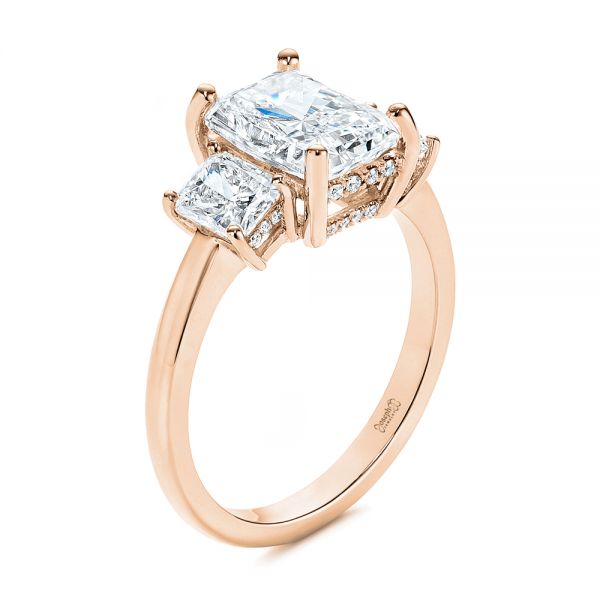 14k Rose Gold 14k Rose Gold Hidden Halo Three Stone Diamond Engagement Ring - Three-Quarter View - 106101