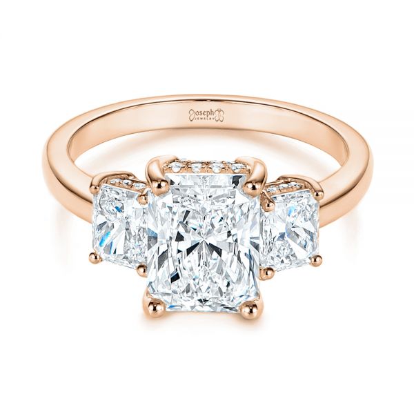 14k Rose Gold 14k Rose Gold Hidden Halo Three Stone Diamond Engagement Ring - Flat View - 106101