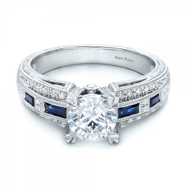 Blue Sapphire, Diamond and Hand Engraved Engagement Ring - Kirk Kara