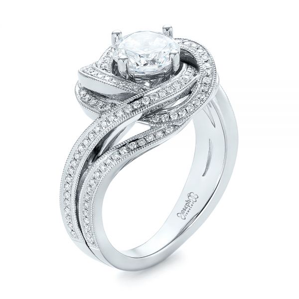 18k White Gold Knot Diamond Engagement Ring - Three-Quarter View -  104115