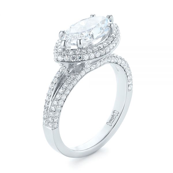 18k White Gold 18k White Gold Marquise Diamond Pave Halo Engagement Ring - Three-Quarter View -  104585