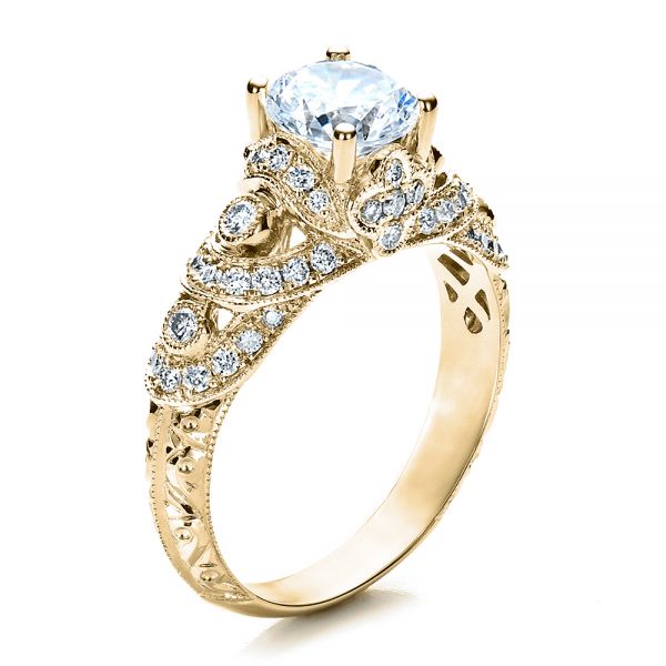 18k Yellow Gold 18k Yellow Gold Micropave Diamond Engagement Ring - Vanna K - Three-Quarter View -  1454
