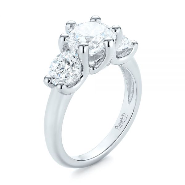 18k White Gold 18k White Gold Modern Three Stone Diamond Engagement Ring - Three-Quarter View -  104656