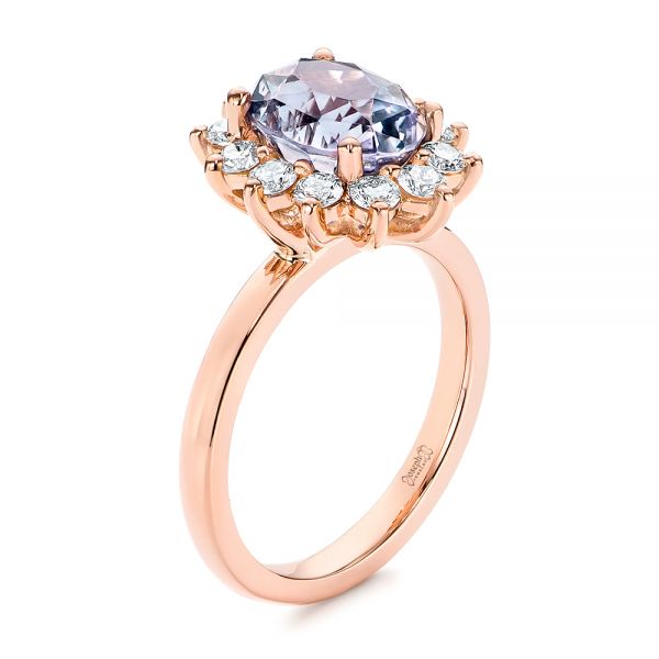  14K Gold Montana Sapphire And Diamond Halo Engagement Ring - Three-Quarter View -  106520