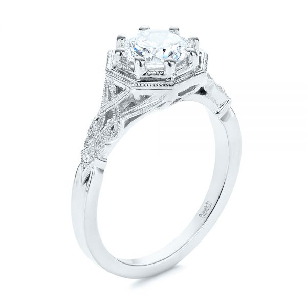 18k White Gold 18k White Gold Octagon Halo Diamond Engagement Ring - Three-Quarter View -  105794