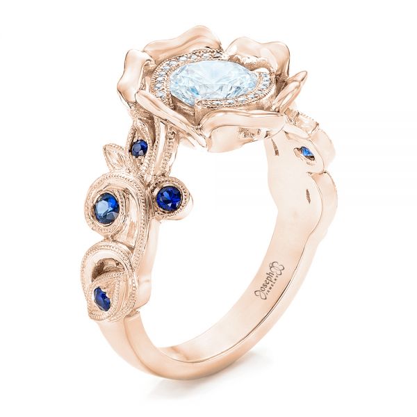 18k Rose Gold 18k Rose Gold Organic Flower Halo Diamond And Blue Sapphire Engagement Ring - Three-Quarter View - 102115