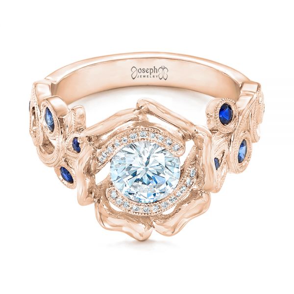 18k Rose Gold 18k Rose Gold Organic Flower Halo Diamond And Blue Sapphire Engagement Ring - Flat View - 102115
