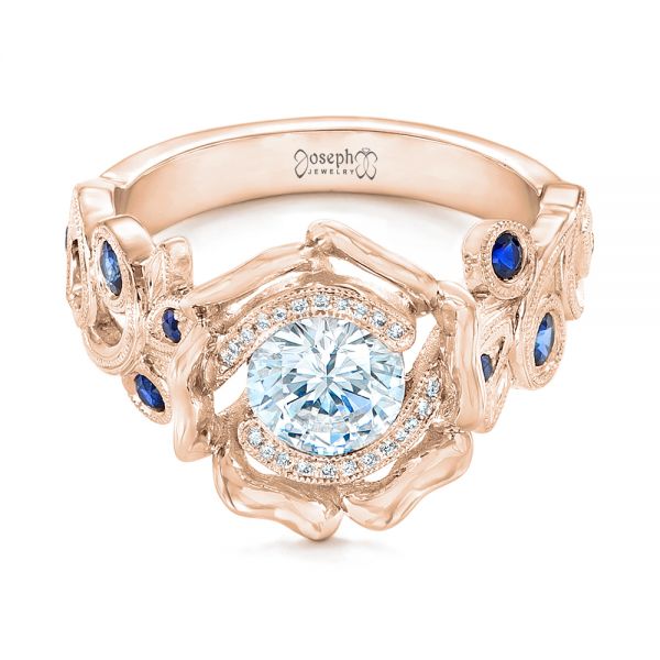 18k Rose Gold 18k Rose Gold Organic Flower Halo Diamond And Blue Sapphire Engagement Ring - Flat View -  102115