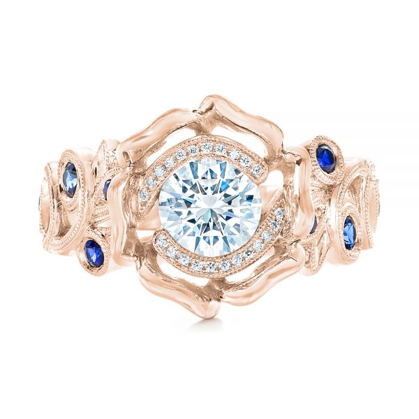 18k Rose Gold 18k Rose Gold Organic Flower Halo Diamond And Blue Sapphire Engagement Ring - Top View - 102115