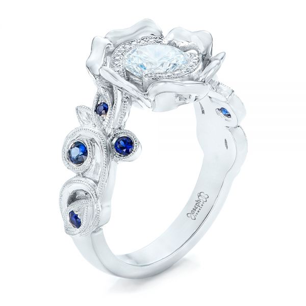 18k White Gold Organic Flower Halo Diamond And Blue Sapphire Engagement Ring - Three-Quarter View -  102115