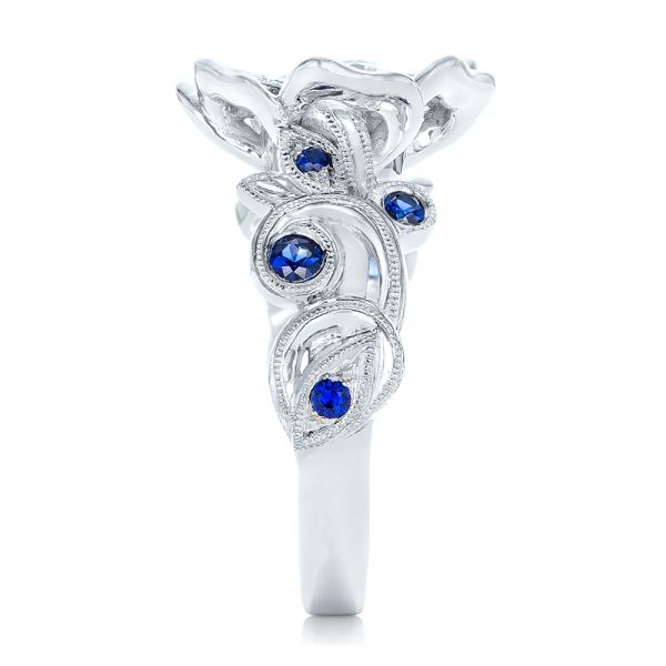 18k White Gold Organic Flower Halo Diamond And Blue Sapphire Engagement Ring - Side View -  102115